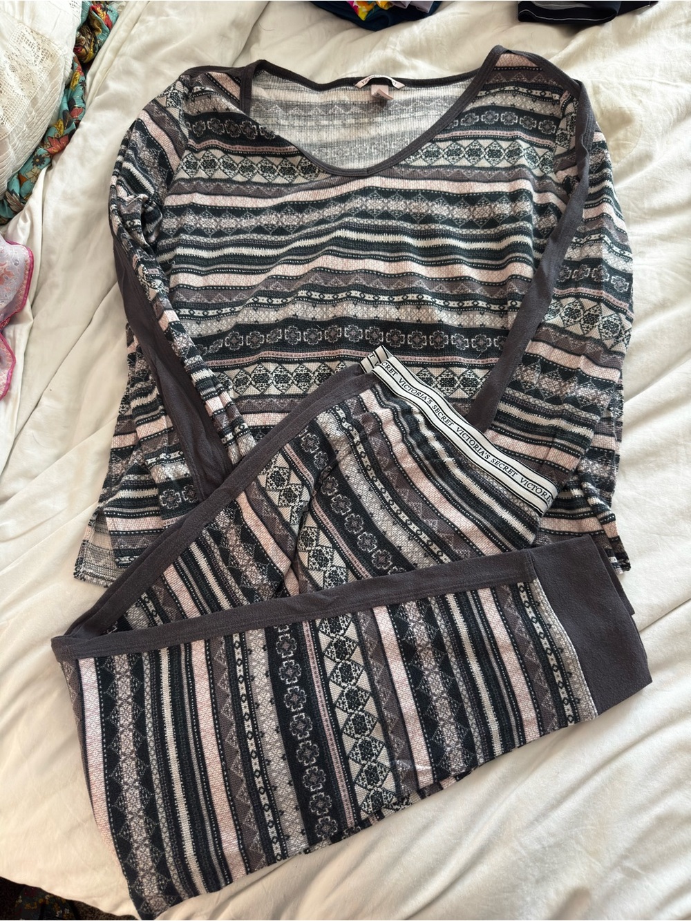 Victoria's Secret Pink, Gray & Black Striped Fair Isle Pajama Set